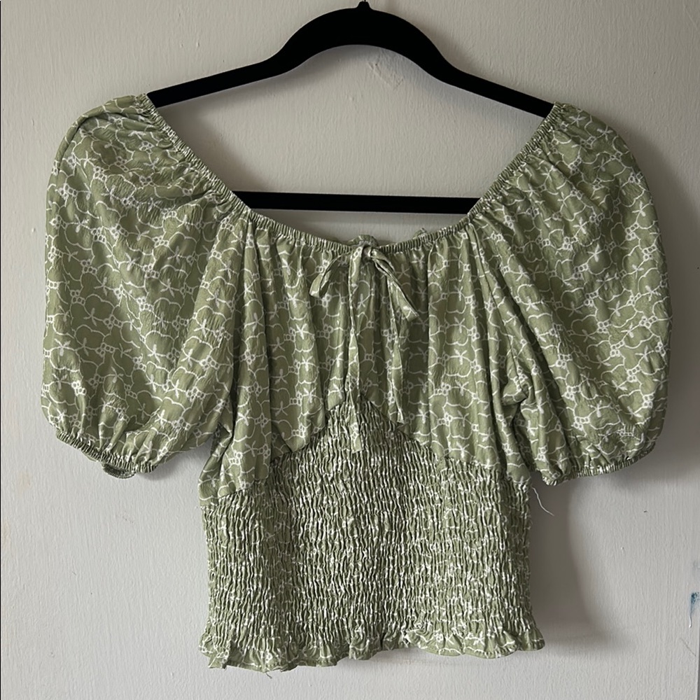 Green Smocked Off-Shoulder Top
